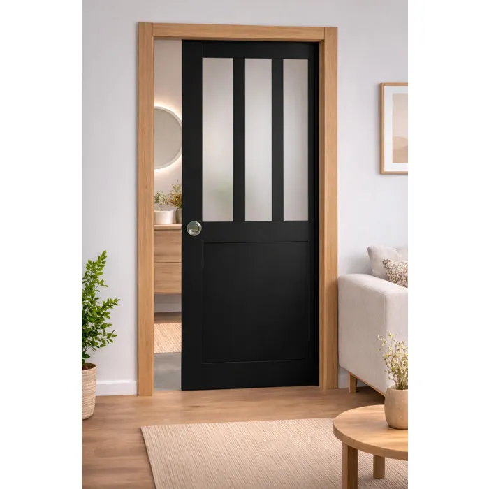 Porte Coulissante Atelier Noir Vitre Depoli H204 X L83 Cm, Galandage, Kit Finition (coquille Et Tire Doigt) Gd Menuiseries