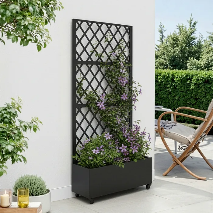 Cloison de séparation avec bac à fleurs Malja acier galvanisé 190 x 82 x 38 cm noir casa.pro