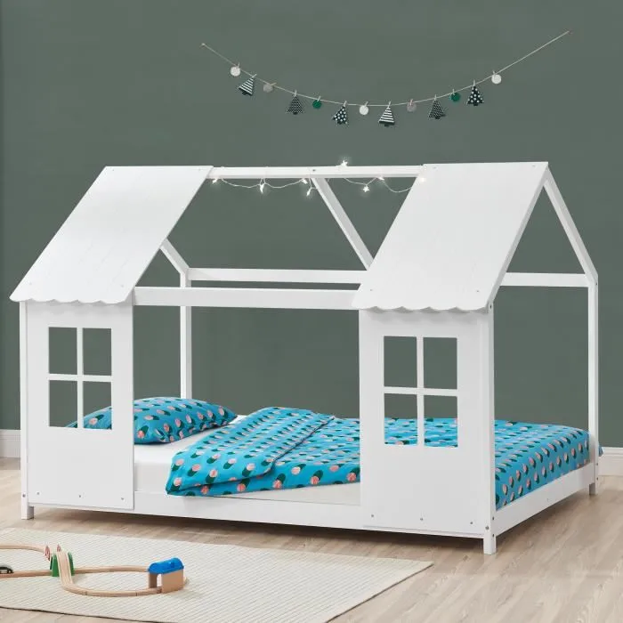 Lit cabane Tostedt pour enfant forme maison bois de pin 90 x 200 cm blanc en.casa
