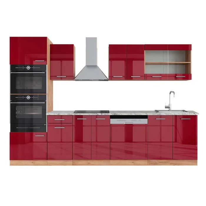 Vicco Cuisine Rouge brillant/Chêne doré 300cm avec armoire haute, PT Marbre