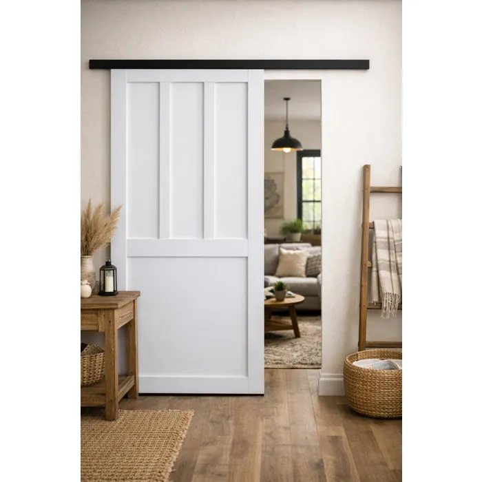 Porte Coulissante Atelier 2 Panneaux Blanc H204 X L73 Cm, Rail Alu Bandeau Noir Gd Menuiseries