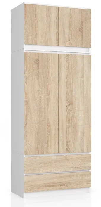 Armoire Avec Surmeuble Akord S90 Blanche 90 Cm 2 Portes 2 Tiroirs Façade Chêne Sonoma 6 Étagères 90x35x234 Cm