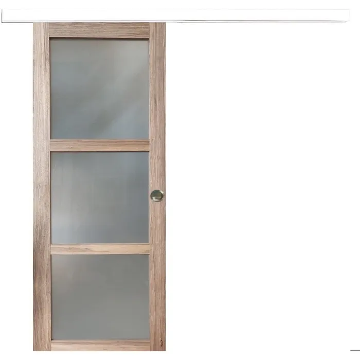 Porte Coulissante Bois Frake Vitrée H204 X L83 Cm, Rail Alu Bandeau Blanc, Coquilles Gd Menuiseries