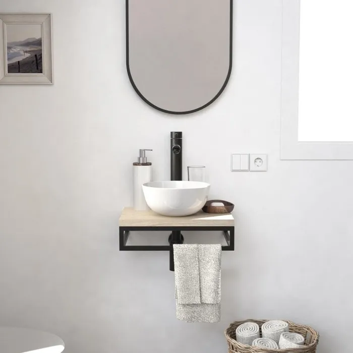 Meuble lave-mains SOHO plan fin p-serviette dessous vasque blanche +miroir