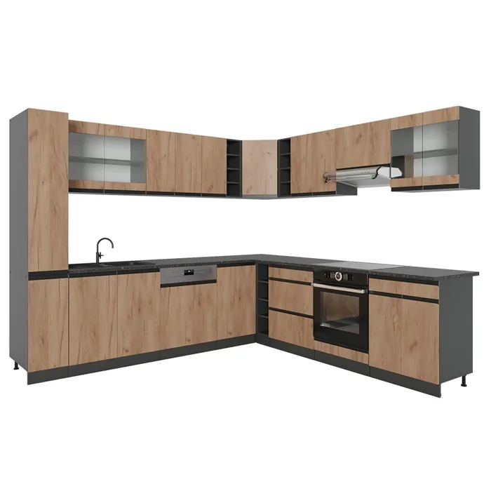 Vicco Cuisine en angle Chêne de force doré/Anthracite 277 x 257 cm J-Shape, sans plan de travail