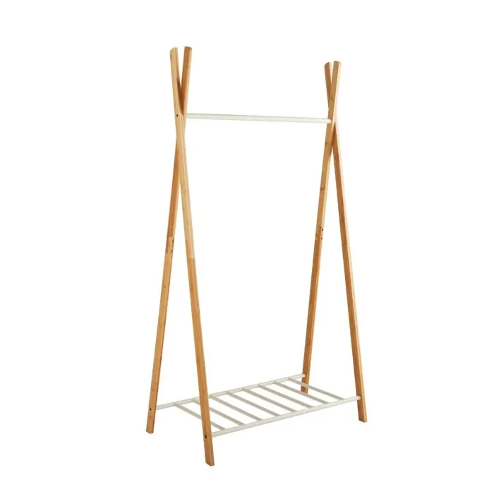 Portant à vêtements en bambou naturel et métal blanc 93 x 50 x 173 cm