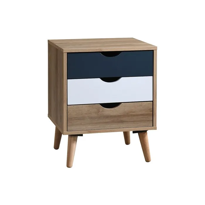 Table de chevet avec 3 tiroirs - Coloris: Naturel, blanc et bleu - LURVIA