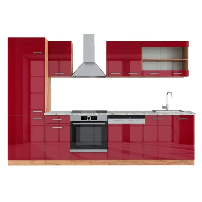 Vicco Cuisine Rouge brillant/Chêne doré 300cm, PT Marbre