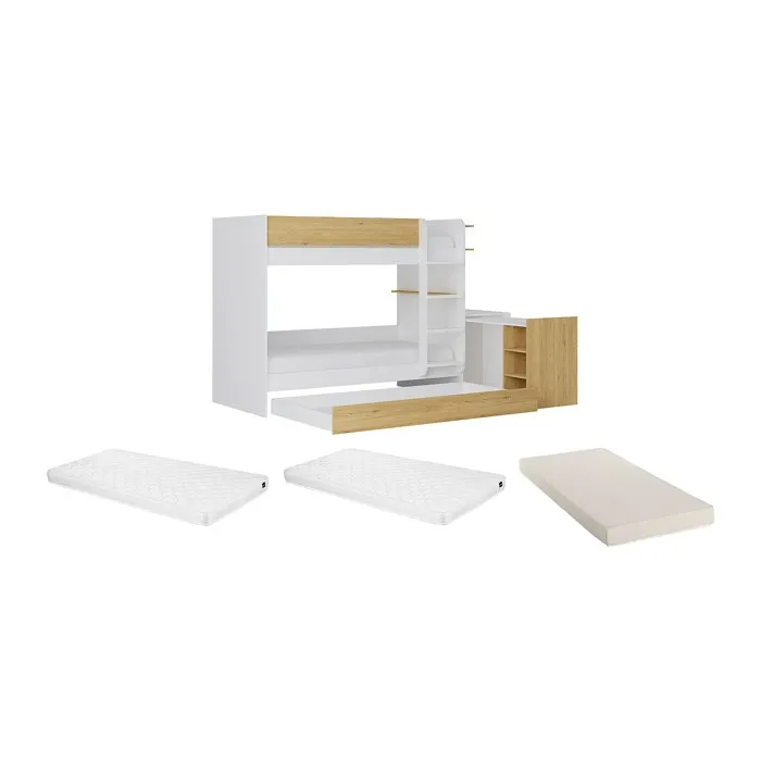 Lit superposé avec tiroir lit gigogne et 2 bureaux 3 x 90 x 190 cm - Coloris: Blanc et naturel + Matelas - DOMATI