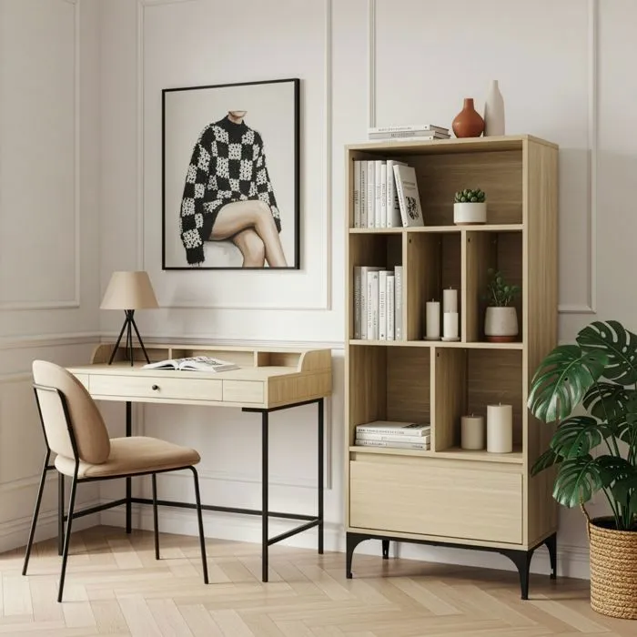 Bibliothèque Kistiandi 137 x 60 x 35 cm effet chêne clair en.casa