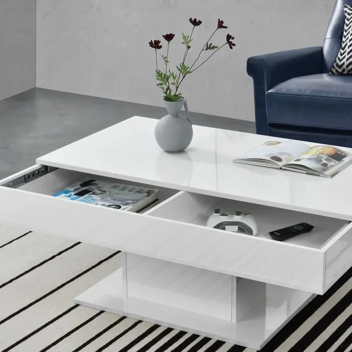 Table Basse de Salon Lünen avec 2 Espaces de Rangement 40 x 110 x 60 cm Blanc Brillant en.casa