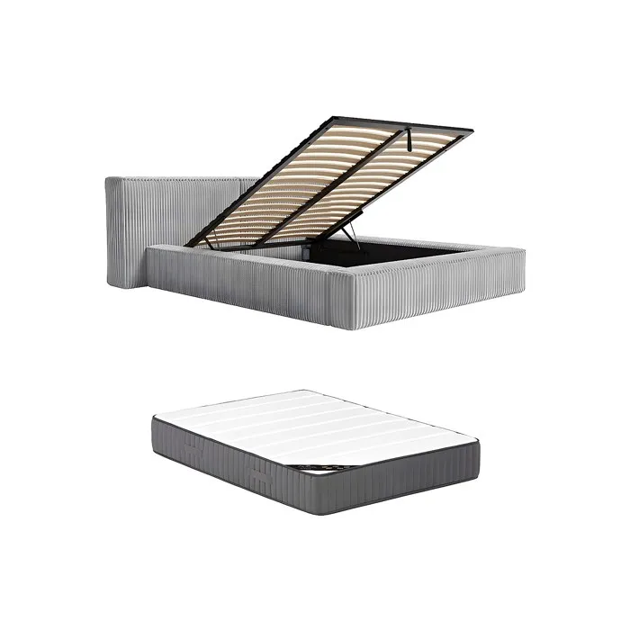 Lit coffre 160 x 200 cm - Velours côtelé grosses côtes - Gris clair + Matelas - TIMANO