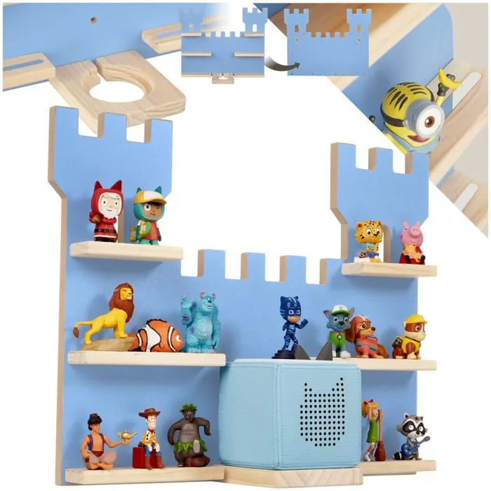 Étagère murale, panneau mdf, bois massif, design château, bleu