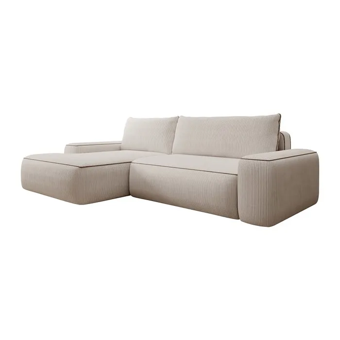 Canapé d'angle gauche convertible en velours côtelé beige ZOMELA