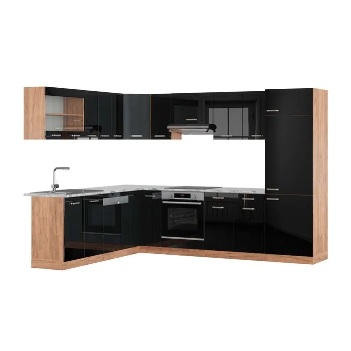 Vicco Cuisine en angle Noir Haute brillance/Chêne de force doré 287 x 227 cm, PT Marbre