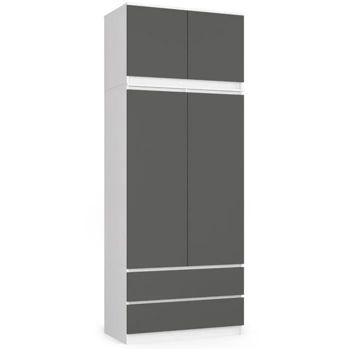 Armoire Avec Surmeuble Akord S90 Blanche 90 Cm 2 Portes 2 Tiroirs Façade Gris Graphite 6 Étagères 90x51x234 Cm
