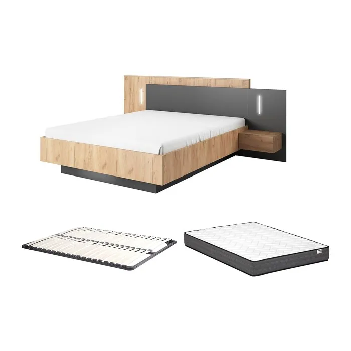 Lit avec chevets 140 x 190 cm - 2 tiroirs - Avec LEDs - Coloris: Naturel et anthracite + Sommier + Matelas Confort - FRANCOLI