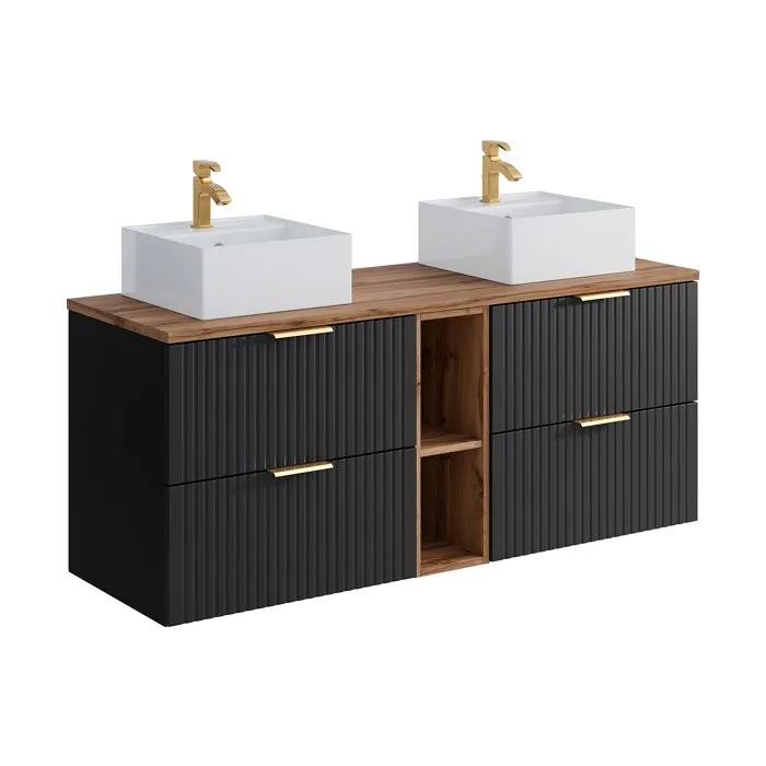 Meuble de salle de bain suspendu strié avec niches et double vasque à poser carrée - Noir et naturel clair - L140 cm - ZEVARA