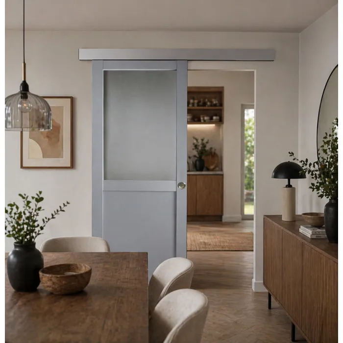 Porte Coulissante Athena Gris Clair Vitrée H204 X L73 Cm, Rail Alu, Coquilles Gd Menuiseries