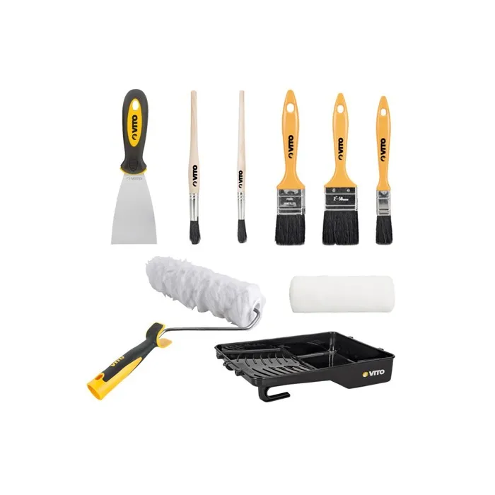 KIT 9 Outils Peinture Bac peinture Rouleau mur sablés +recharge 3 pinceaux plats 2 pinceaux Spatule acier VITO