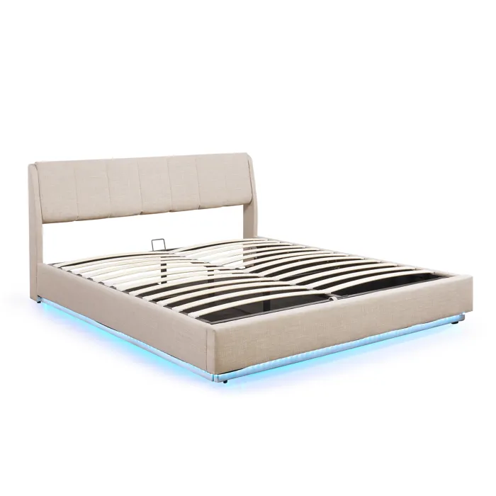 Lit double capitonné Tröstiar avec éclairage LED 180 x 200 cm beige en.casa
