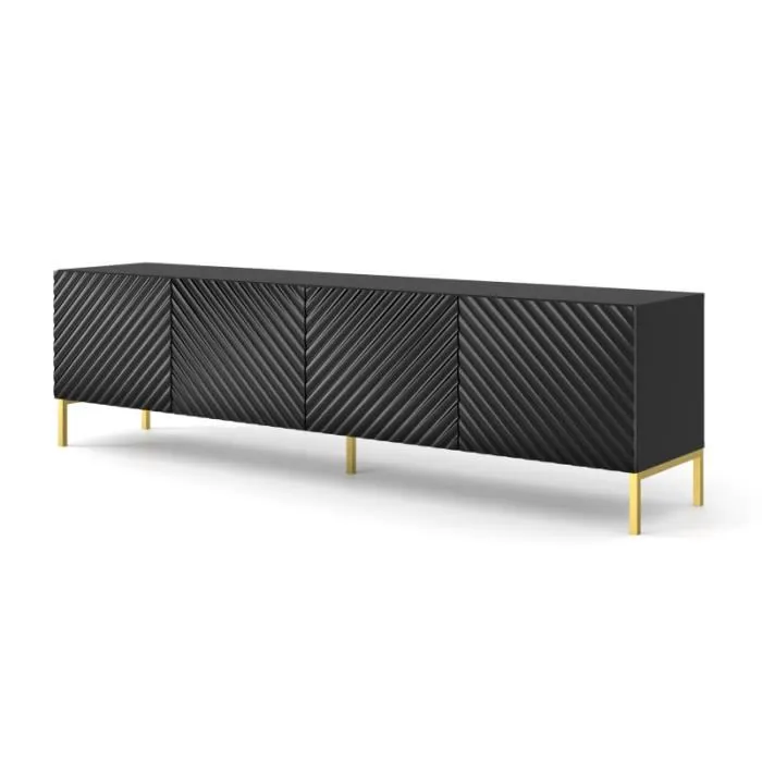 Meuble Tv À 4 Portes Avec Cadre Doré "surf" - Noir Brillant- L 200 Cm