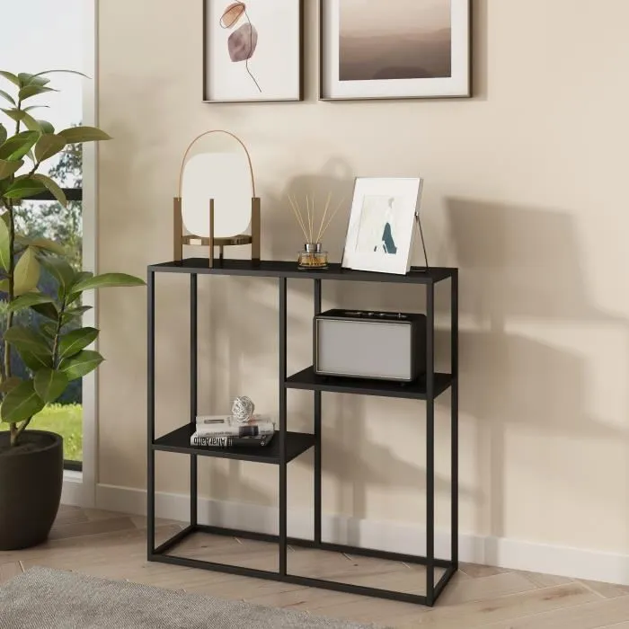 Table console Strömstad avec 3 surfaces de rangement acier 80 x 80 x 26 cm noir mat en.casa