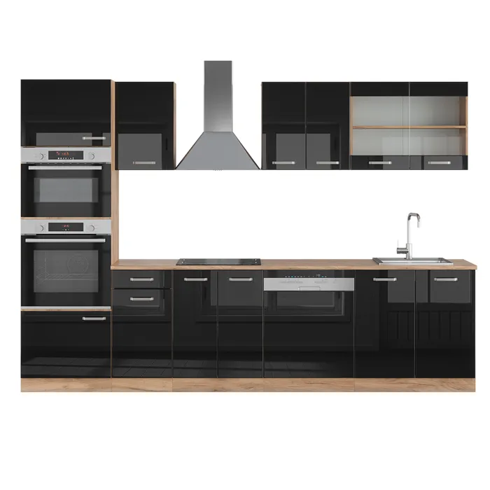 Vicco Cuisine Noir brillant/Chêne doré 300cm avec armoire haute, PT Chêne