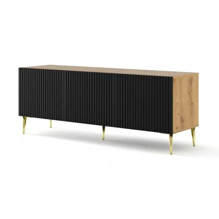 Meuble Tv Ravenna Avec 3 Portes En Bois Et Pieds Dorés - Noir Et Beige - L 150 X P 42 X H 56 Cm