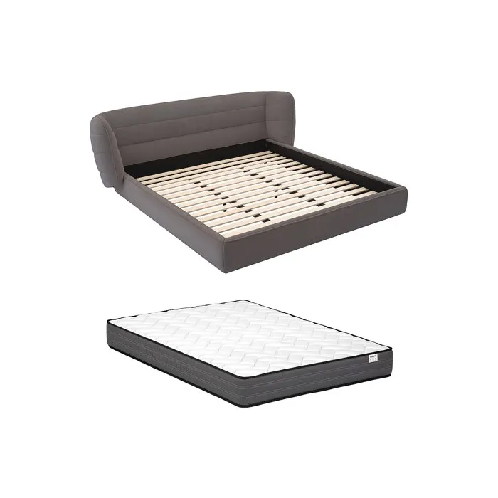 Lit 160 x 200 cm avec tête de lit incurvée - Tissu bouclette - Gris + Matelas - LARUMO de Maison Céphy