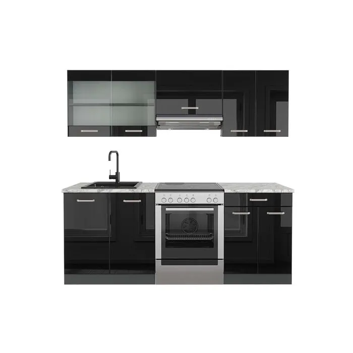 Vicco Cuisine Noir brillant/Anthracite 200cm, PT Marbre