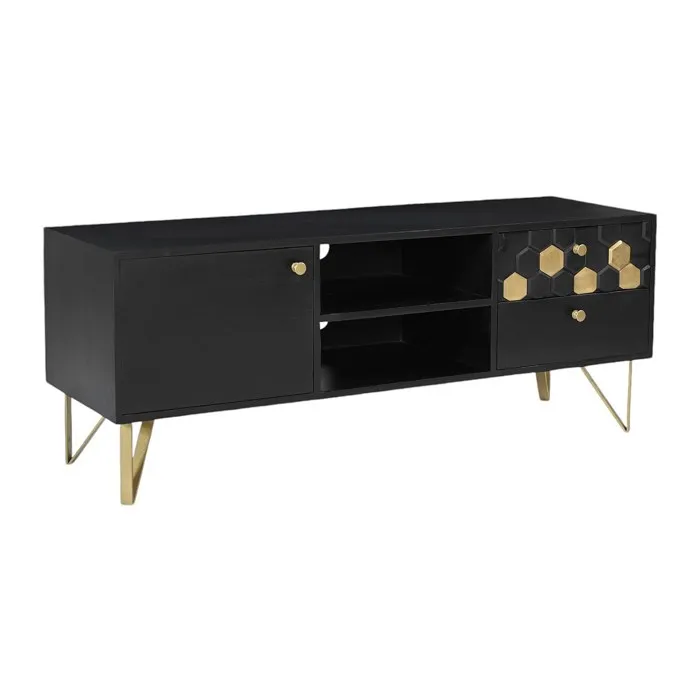 Meuble TV avec 1 porte, 2 tiroirs et 2 niches en bois de manguier et métal - Noir et Doré - BELORI