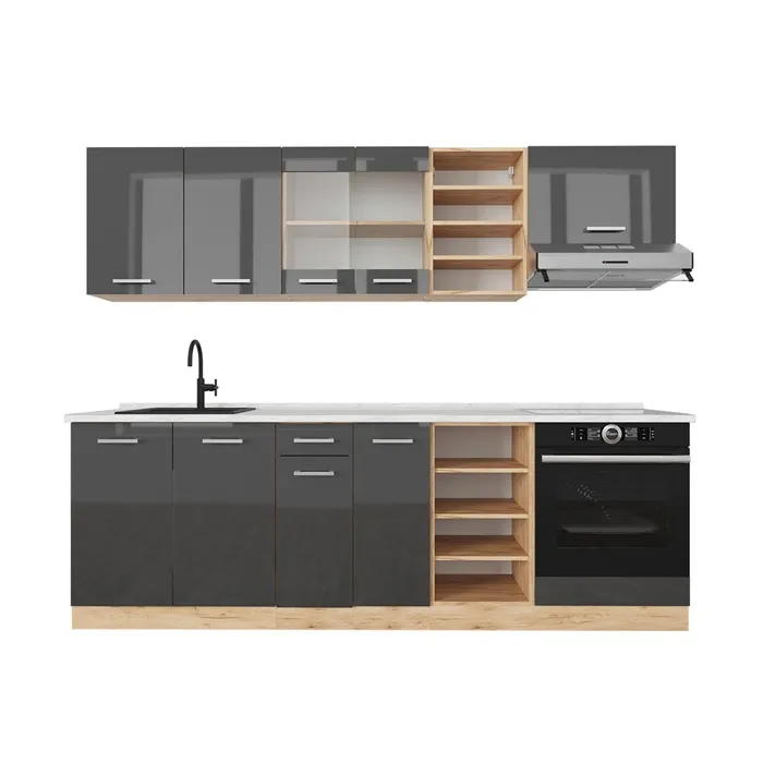 Vicco Cuisine Anthracite brillant/Chêne doré 240cm, PT Marbre