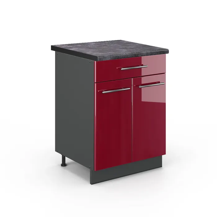 Vicco Meuble cuisine Rouge bordeaux Haute brillance/Anthracite 60cm avec tiroir plan de travail Anthracite