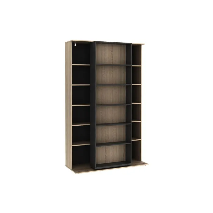Bibliothèque coulissante avec 18 niches - Naturel et anthracite - PRALI