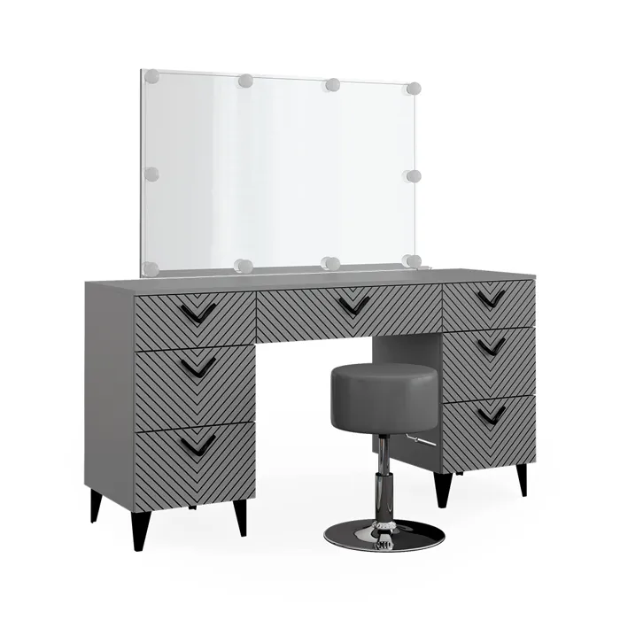 Vicco Coiffeuse Gris 150cm avec miroir, guirlande LED et tabouret