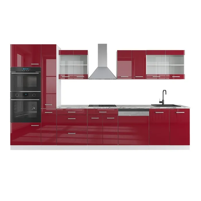 Vicco Cuisine rouge brillant/blanc 350cm avec armoire haute, PT Marbre