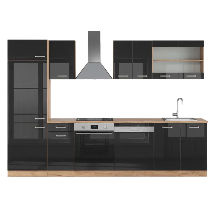Vicco Cuisine Noir brillant/Chêne doré 300cm sans PT