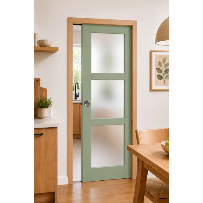Porte Coulissante Vert Ral 6021 Vitree H204 x L73 + Systeme de Galandage et kit finition inclus (coquille et tire doigt)