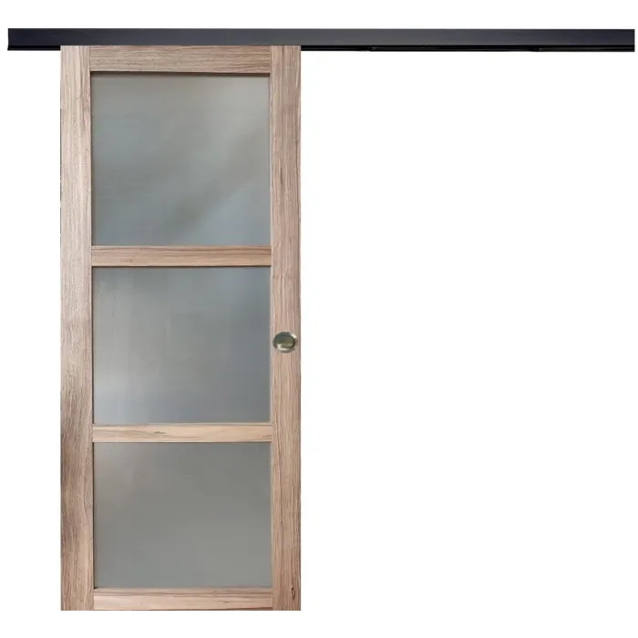 Porte Coulissante Bois Frake Vitrée H204 X L73 Cm, Rail Bandeau Noir, Coquilles Gd Menuiseries