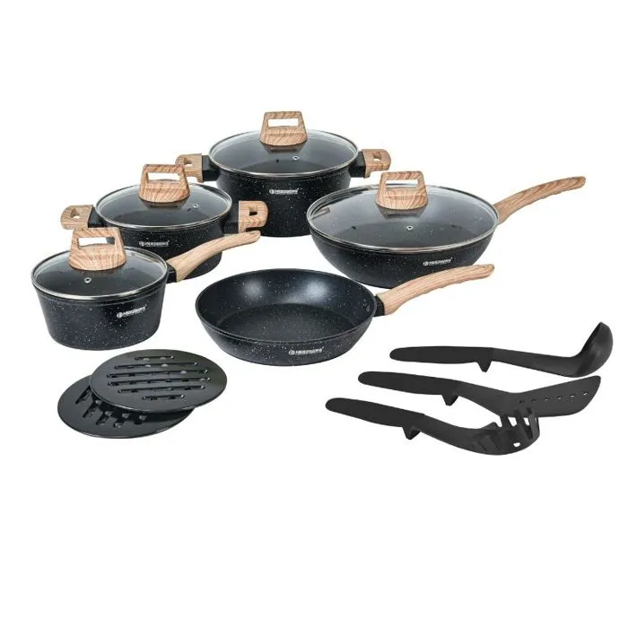 Batterie De Cuisine 14 Pièces Avec Revêtement En Granit Et Manche En Bois Noir Herzberg Hgwdmrb14-blk