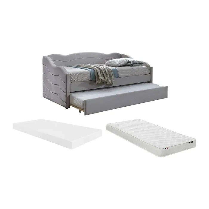 Lit banquette gigogne 2 x 90 x 190 cm - Velours - Taupe + Matelas - LENVIA