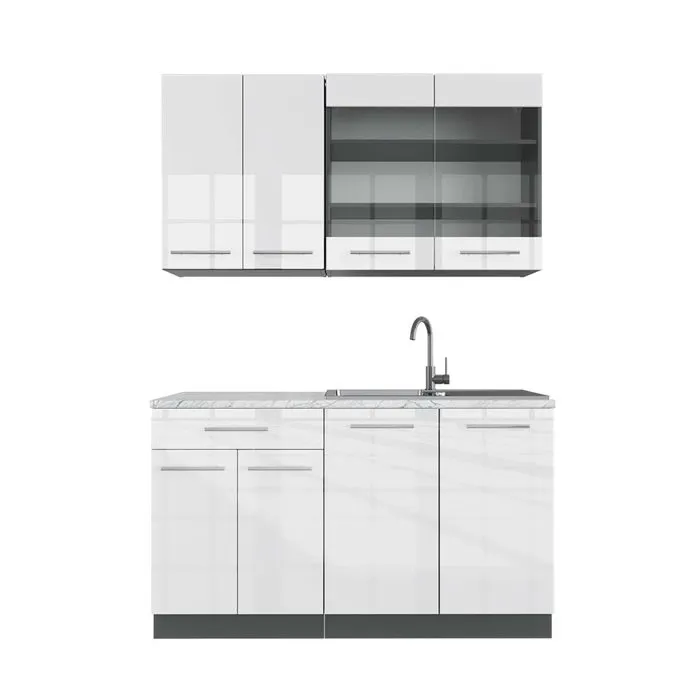 Vicco Cuisine Blanc brillant/Anthracite 140cm, PT Marbre