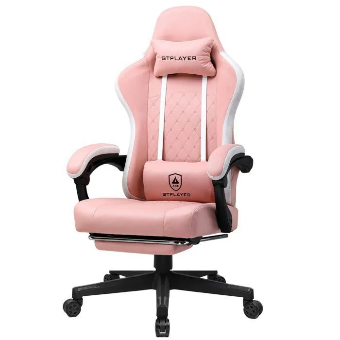 Chaise gaming tissu, siège ressort, accoudoirs, repose-pieds, Rose