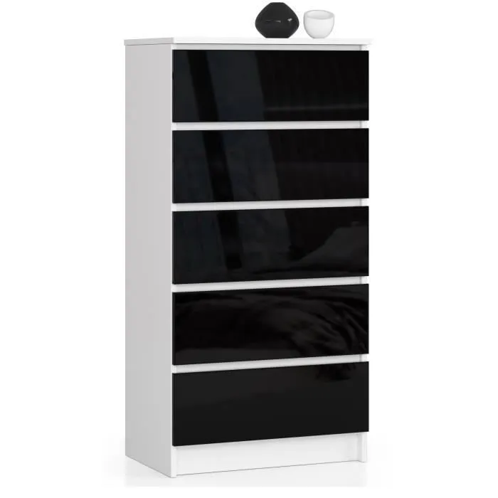Commode Akord K60 Blanche 60 Cm 5 Tiroirs Façade Noir Brillant 60x40x121 Cm