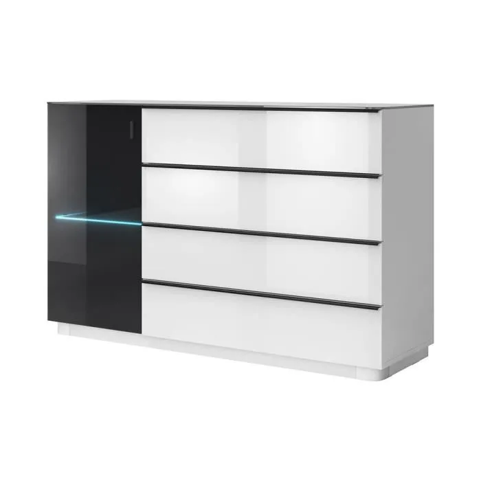Buffet TONGA 138x87.5x43.5 cm avec 4 tiroirs et 1 porte, coloris blanc brillant