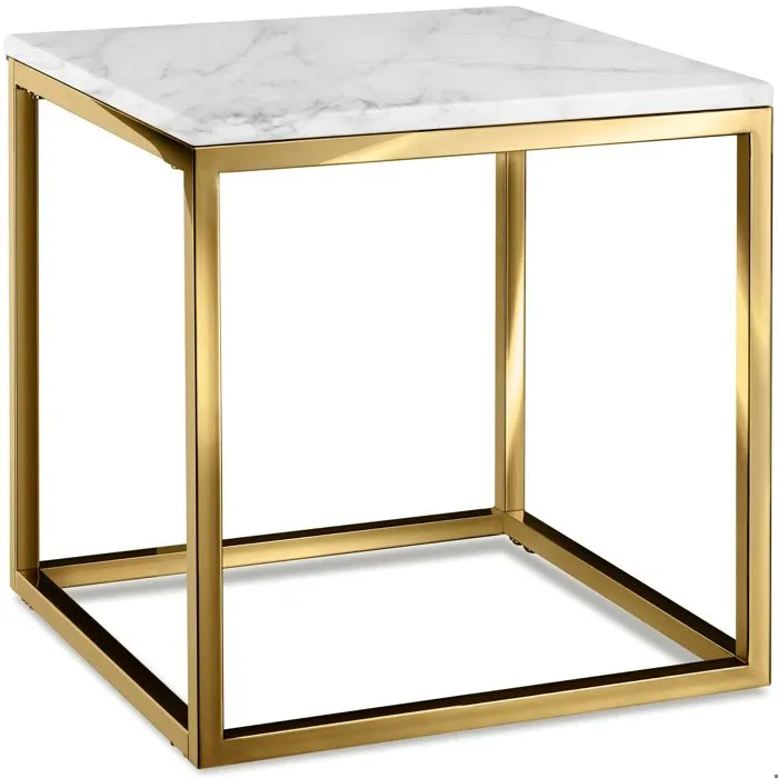 Table D'appoint En Marbre Carrée Réglable En Hauteur Blanc Et Doré