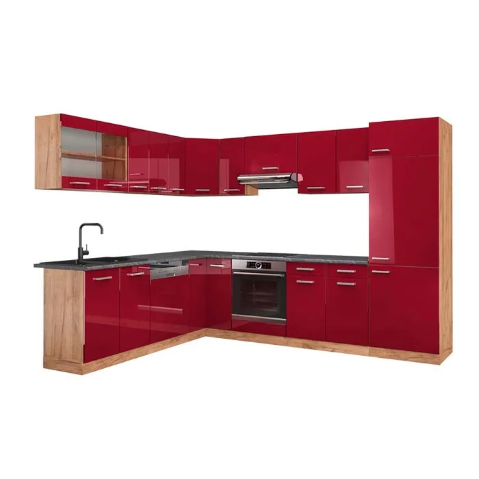 Vicco Cuisine en angle Rouge brillant/Chêne de force doré 287 x 227 cm, PT Anthracite