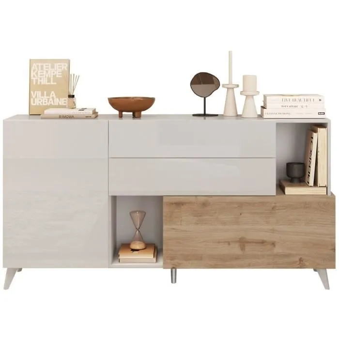 Buffet avec 2 portes, 2 tiroirs et 2 niches - Naturel et blanc laqué - DONALA
