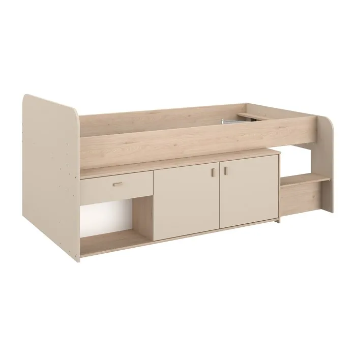 Lit mi-hauteur 90 x 190/200 cm avec rangements - Beige et naturel - LUNOBI